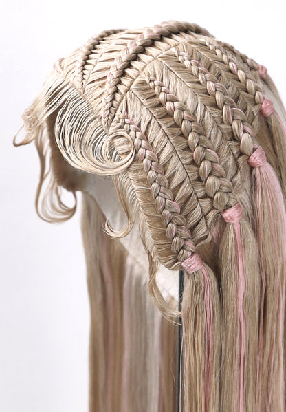 ʚɞ ⁺Brown-Pink Highlighted Braided Alpaca Wig with Baby Bangs