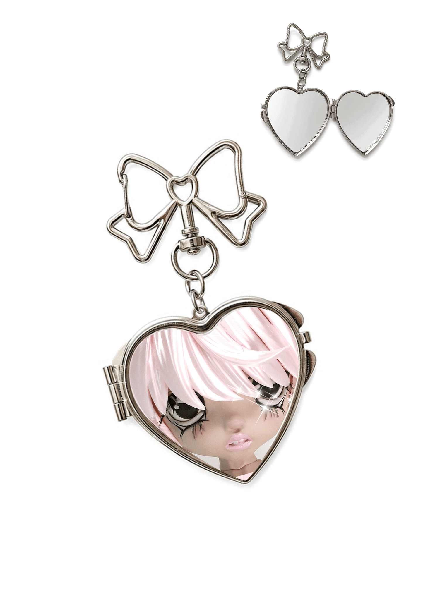 ♡₊˚Roe2me Dolly Lenticular Motion Winking Doll Heart Mirror Keychain