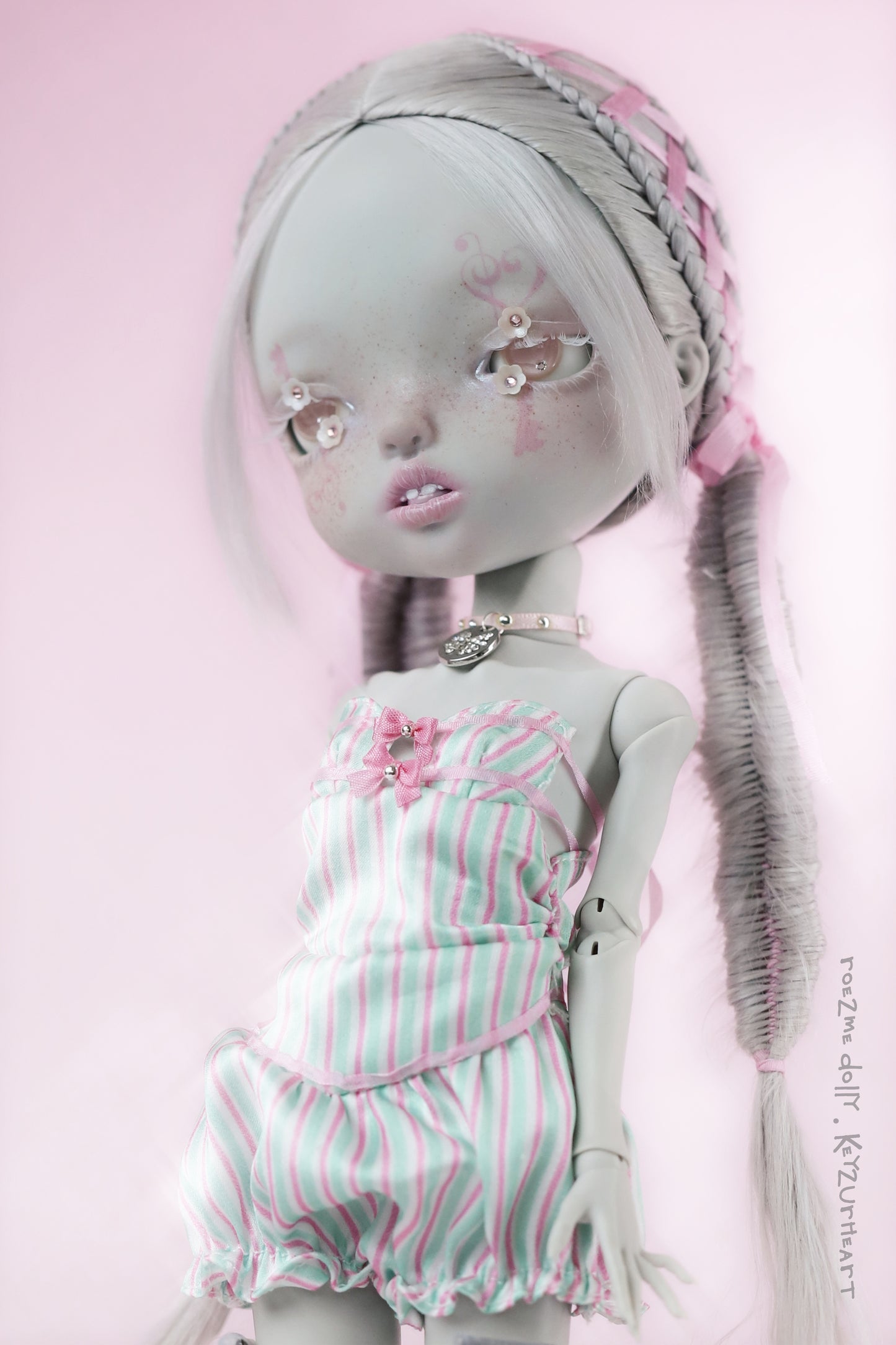 ʚɞ ⁺  "Key2urHeart" Striped Puffball Dress & Bunny Lace Headband