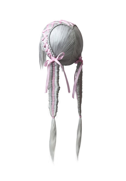 ʚɞ ⁺Alpaca Ribbon Grey - Pink Twin - Tail Heart Braid Wig - Roe2me Dolly