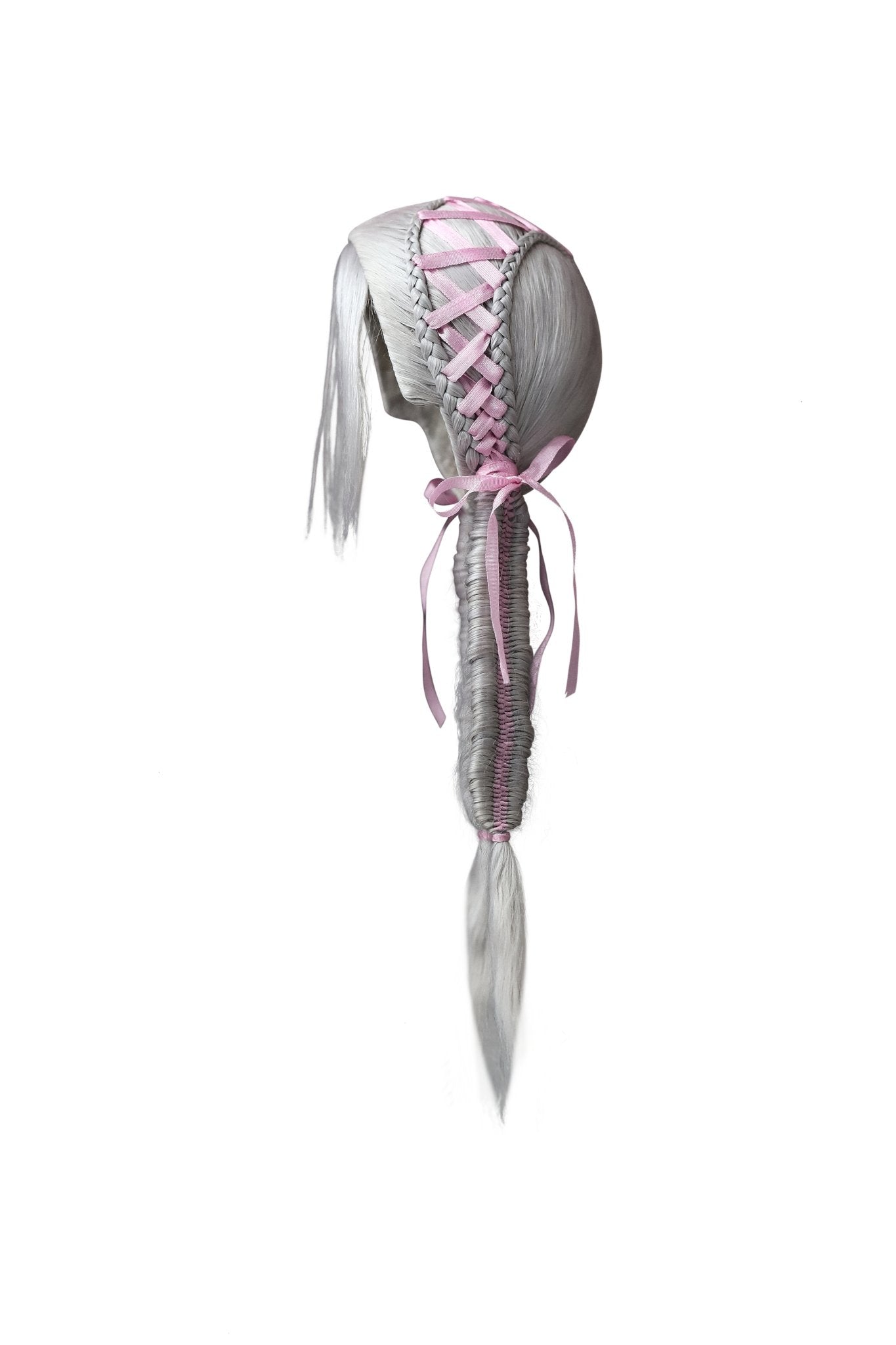 ʚɞ ⁺Alpaca Ribbon Grey - Pink Twin - Tail Heart Braid Wig - Roe2me Dolly